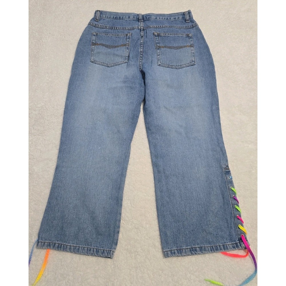 Vintage Y2K-era Faded Glory Denim Capris Sz 10 With Neon Rainbow Lace-up Ties - Picture 6 of 8